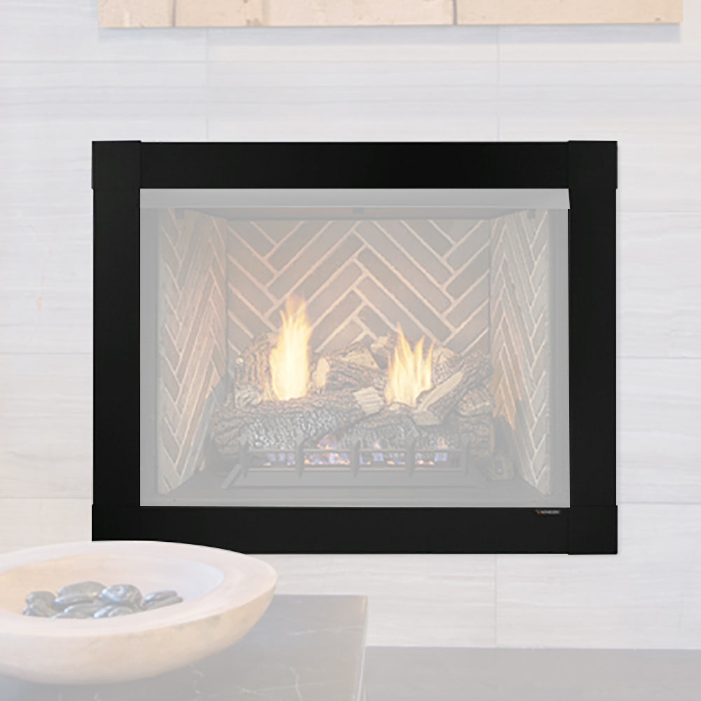 Contemporary firebox front with glass window, dark charcoal black frame and visible flames