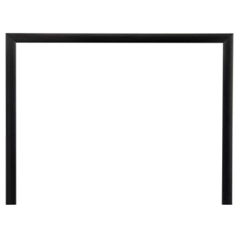 Black metal fireplace trim kit frame with rectangular opening and legs