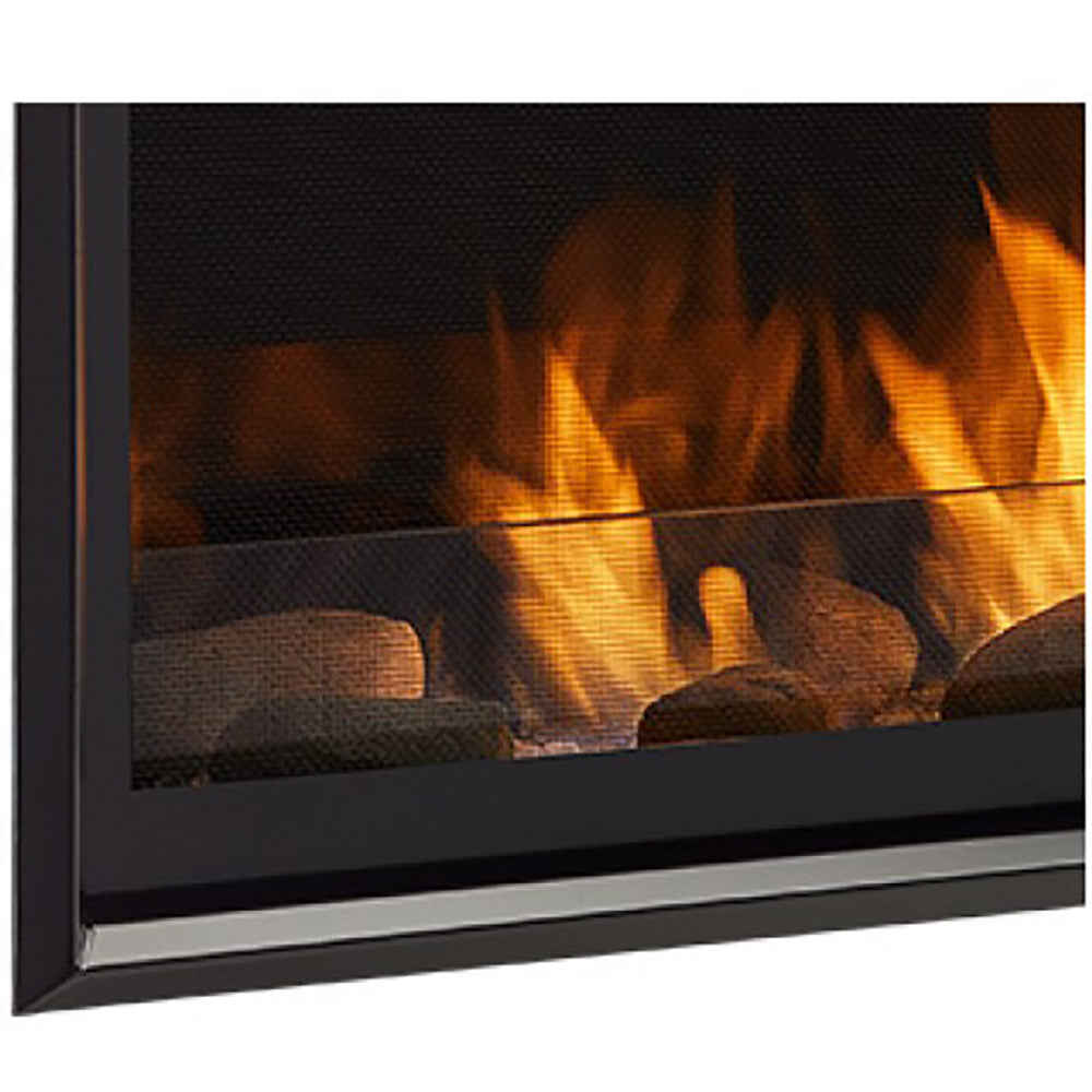 Firebox trim with clear glass front, showing orange flames and logs