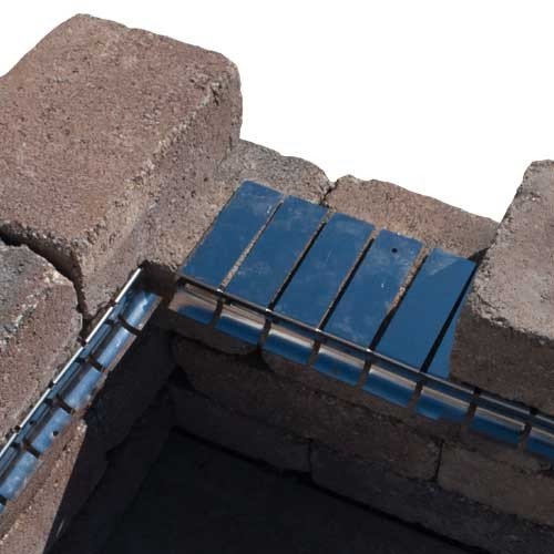 Flexible fire installation collar with blue insulation jacket and metal fastening tabs