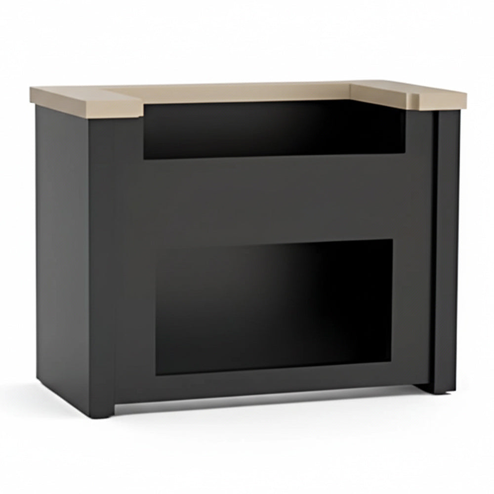 Black aluminum grill island cabinet with two open front compartments, ready to assemble