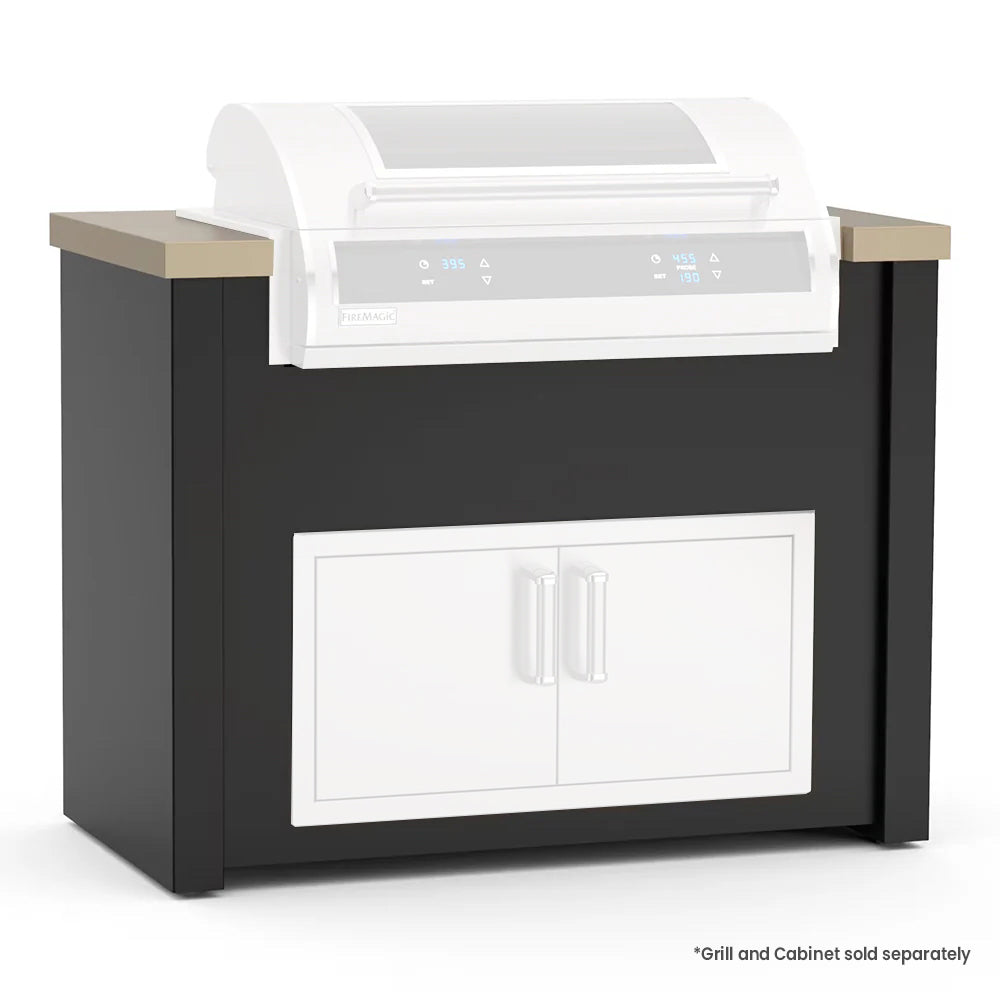 Black aluminum grill island with front double cabinet doors and side shelves