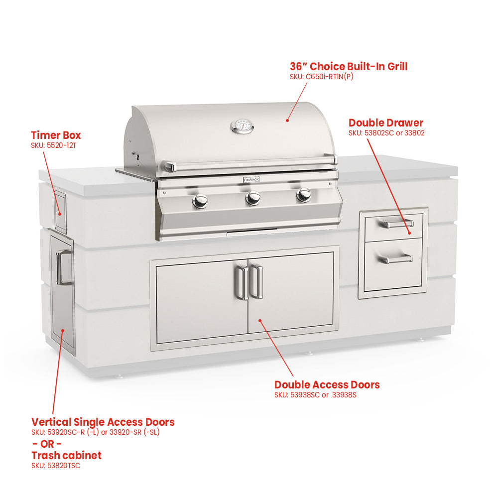 Outdoor grill island with 36in built-in grill, double doors and drawers, side access