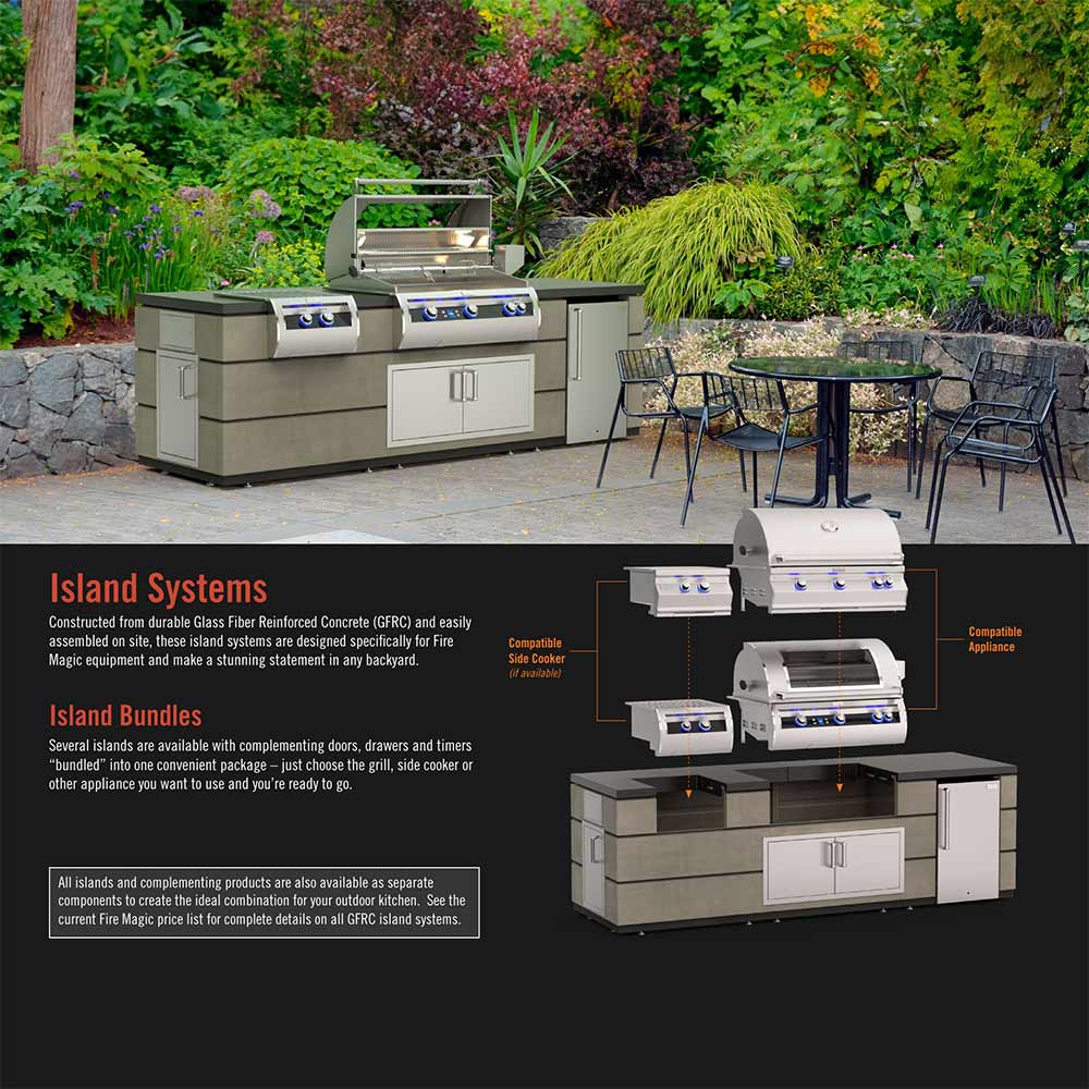 Outdoor kitchen island with built-in gas grill and refrigerator, white finish