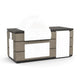 Outdoor kitchen island with built-in pizza oven and white front doors