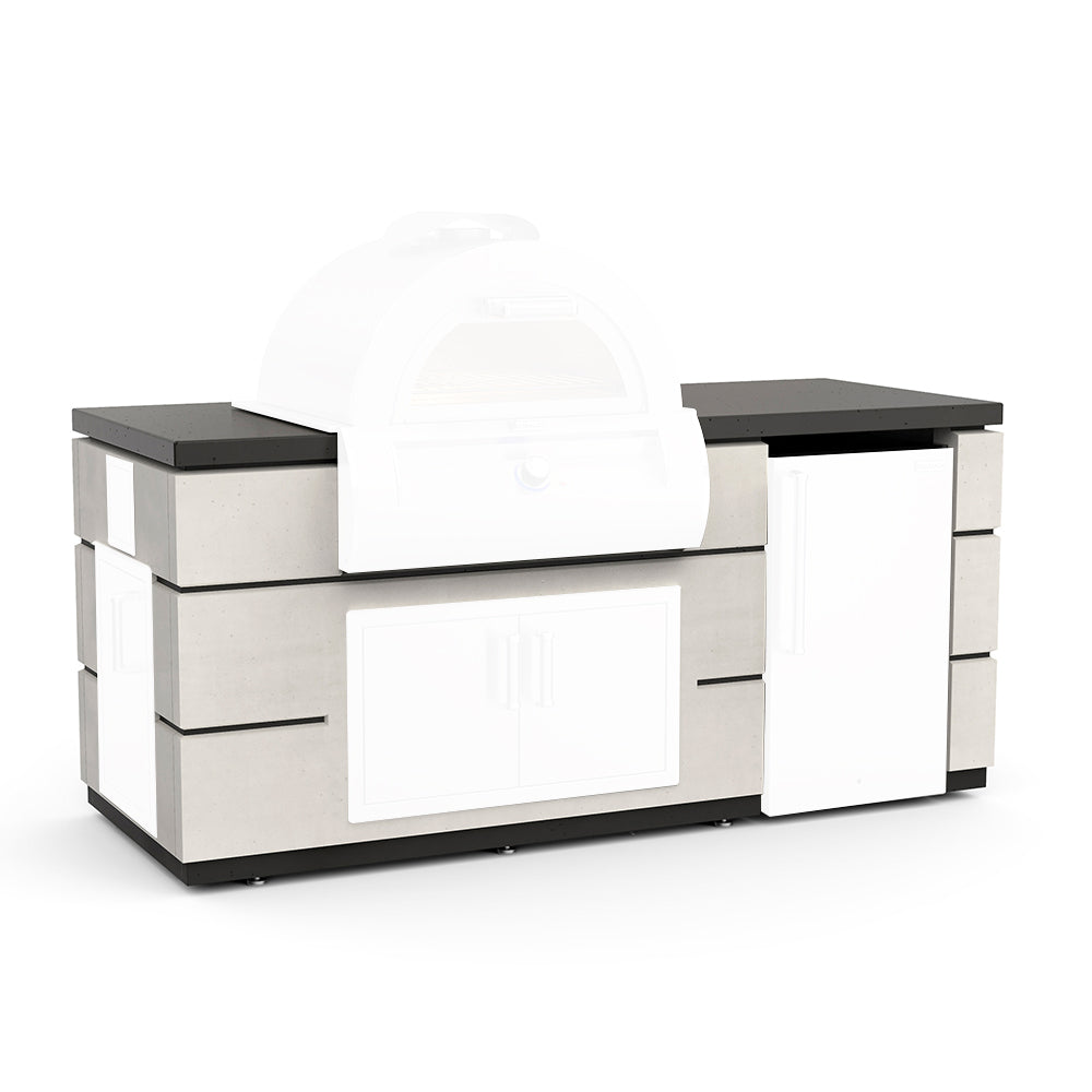 Outdoor kitchen island with pizza oven, white cabinet doors, dark countertop