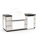 Outdoor kitchen island with pizza oven, white cabinet doors, dark countertop