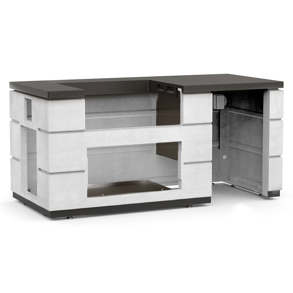 Outdoor kitchen island with grill cut-out and white cabinet base