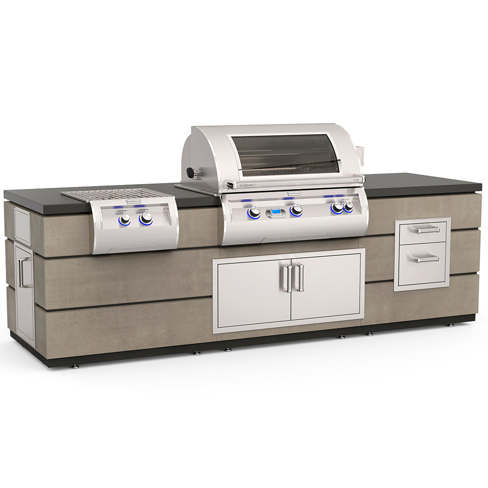 Outdoor kitchen island grill with power burner, double doors, and storage drawers