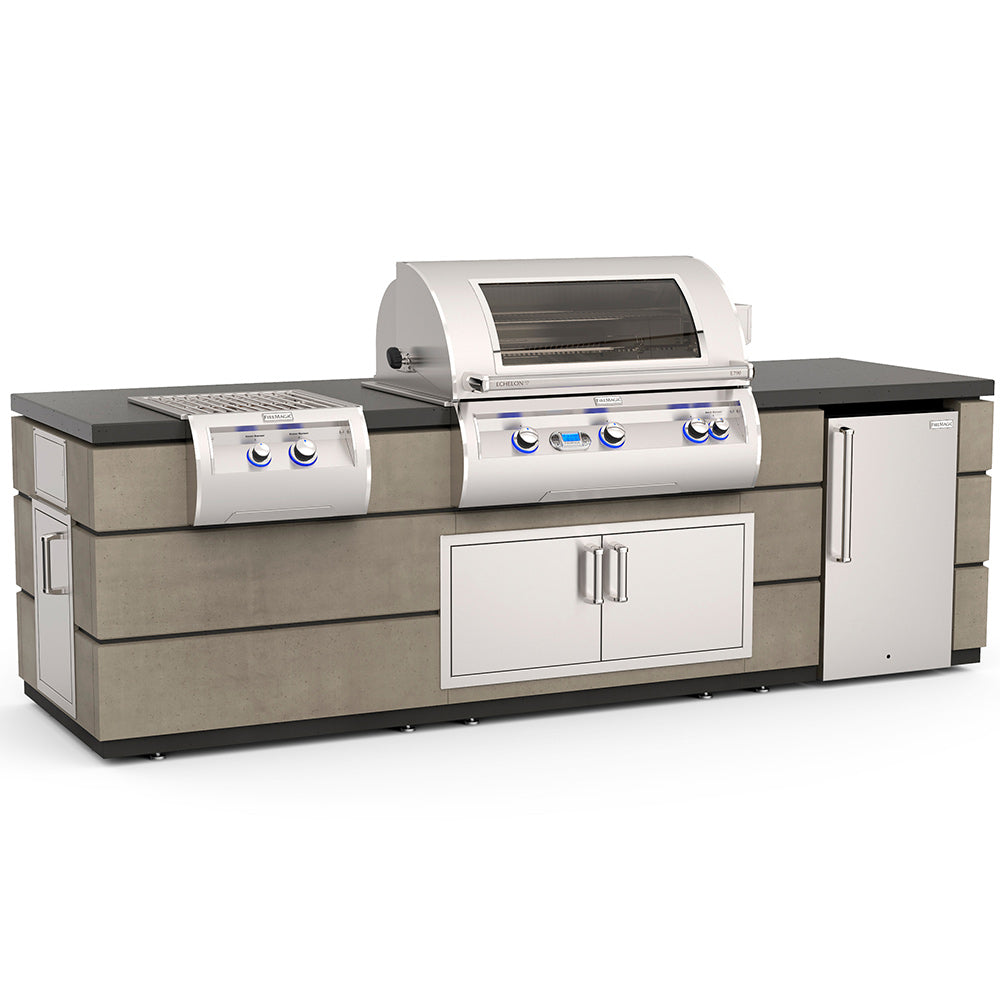 Outdoor kitchen island with stainless grill, power burner, refrigerator, and two cabinet doors