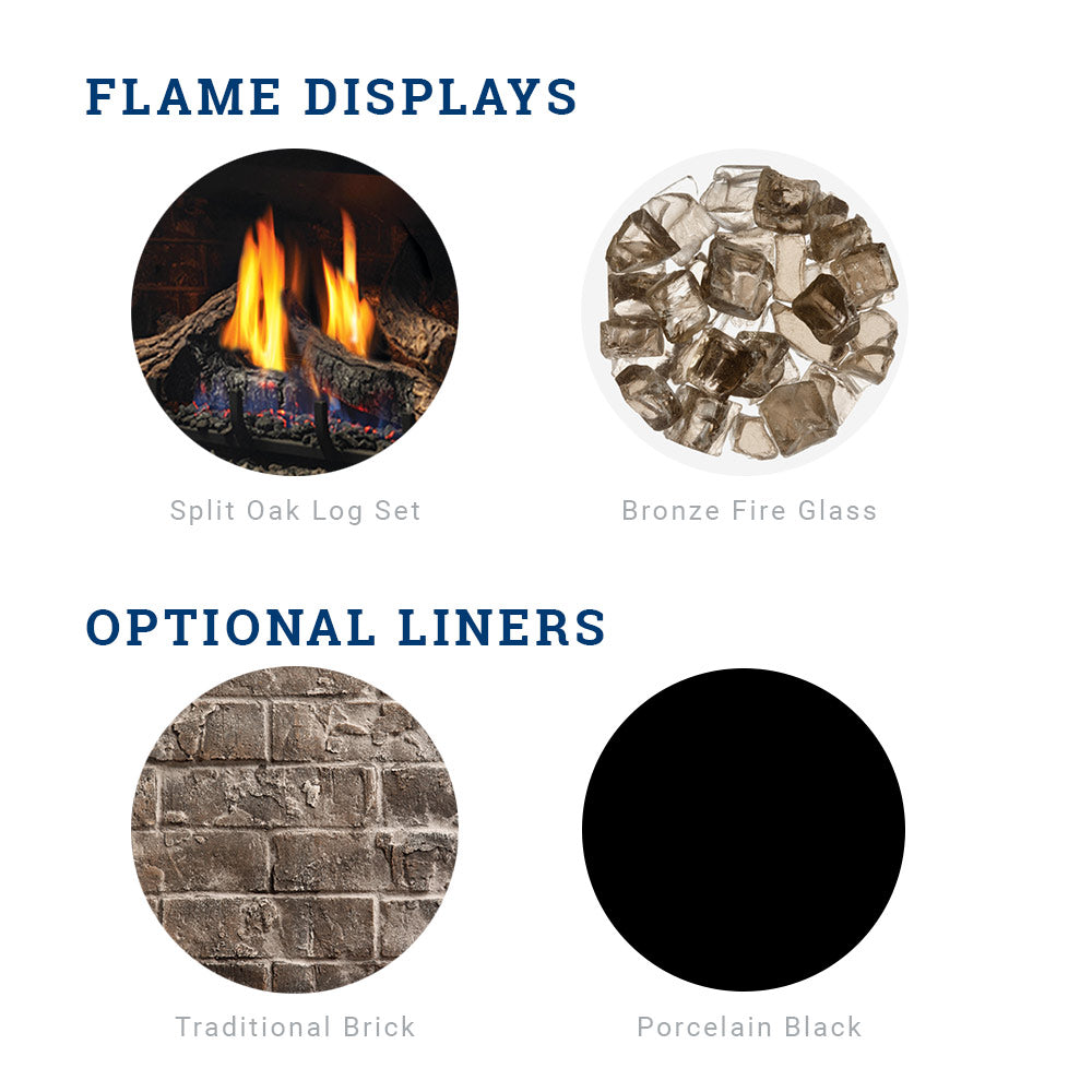 Gas fireplace insert options chart: flame displays, log set, bronze fire glass, liners