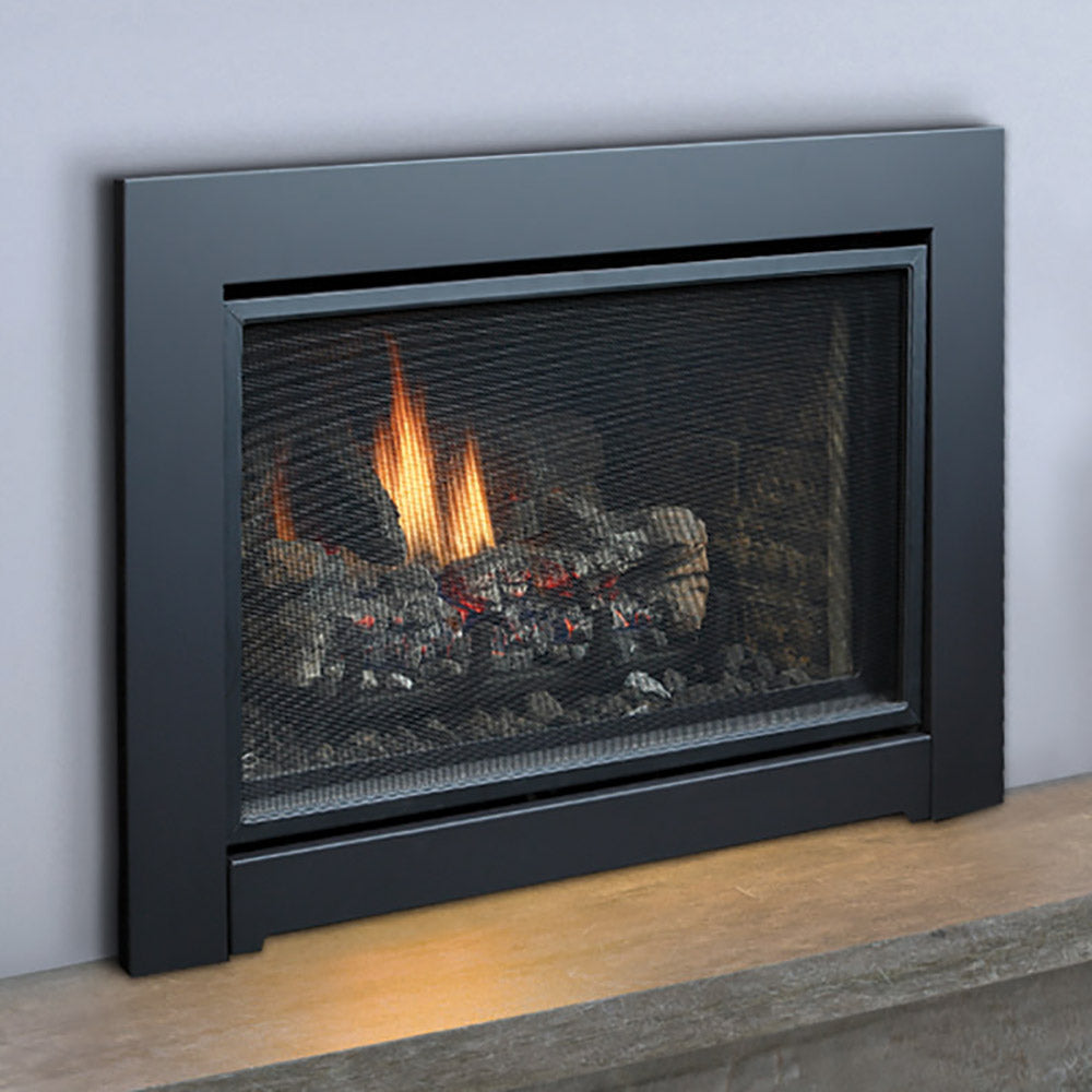 Gas fireplace insert with glass firebox and burning logs, black metal frame