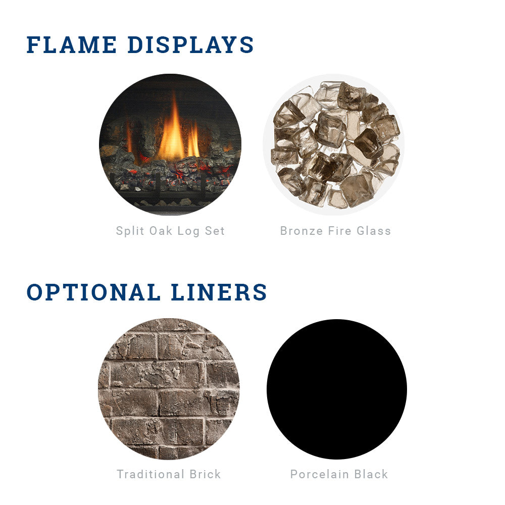 Flame display and optional liners chart for gas fireplace insert components