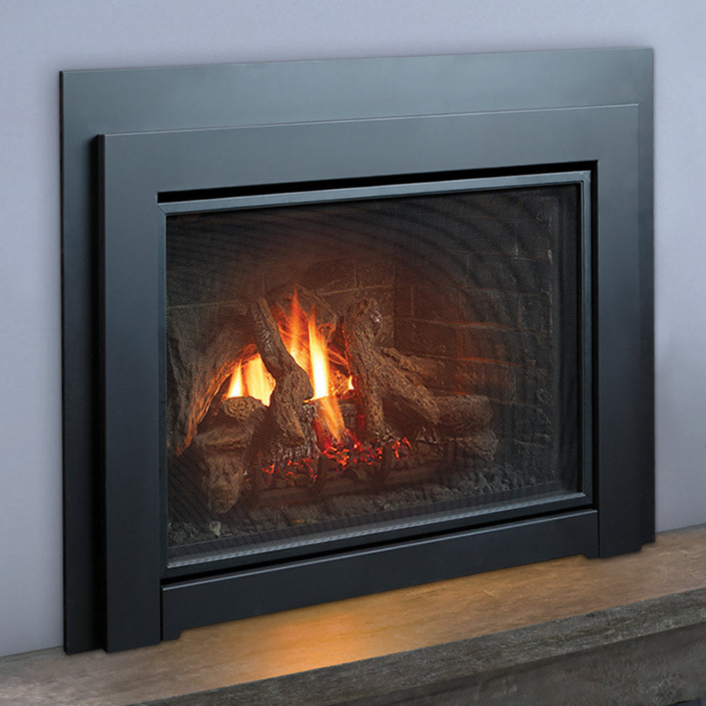 Gas fireplace insert with black trim and glass viewing window, showing burning logs