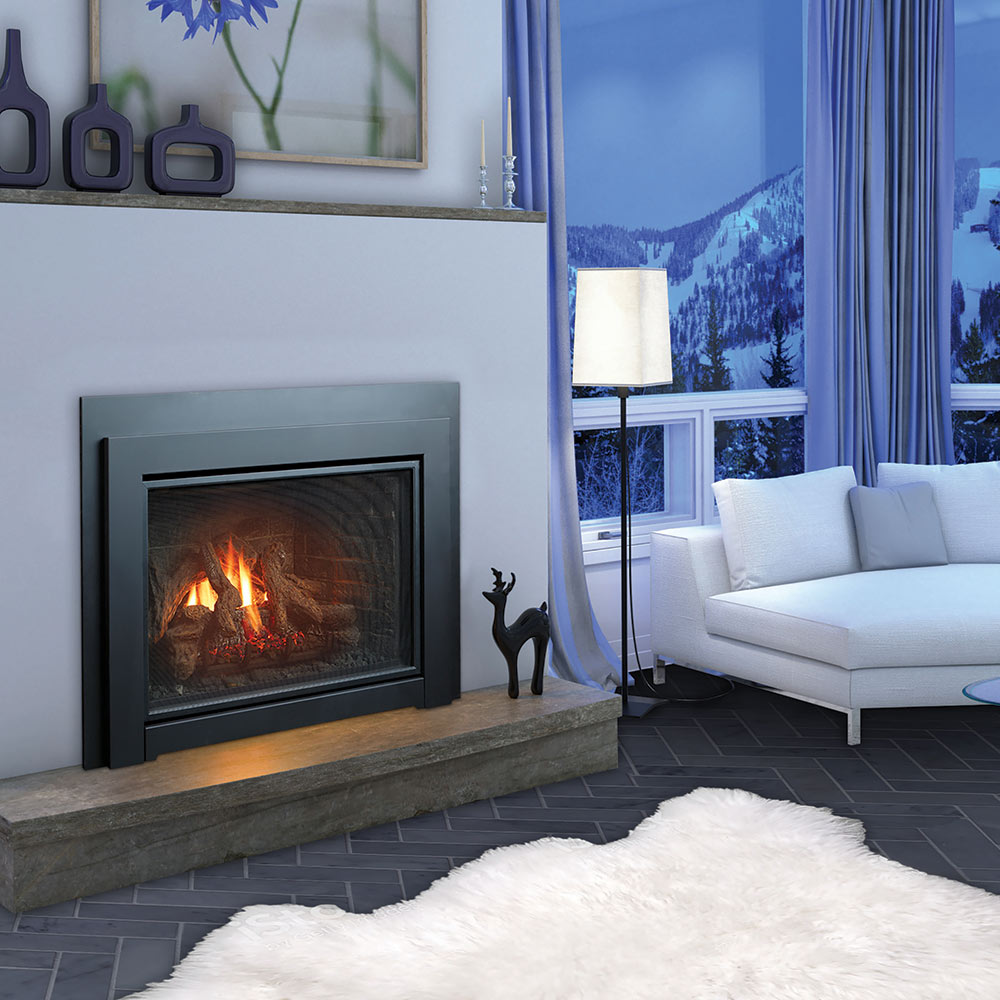 Gas fireplace insert with black frame and glass viewing window, showing burning logs
