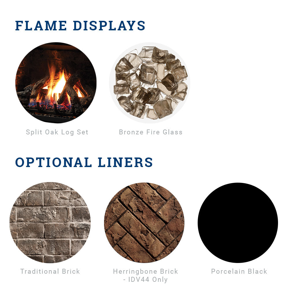 Gas fireplace flame display and optional liner materials chart with circular swatches