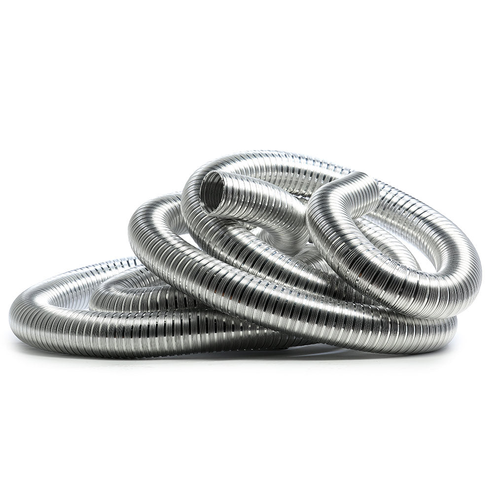 Flexible stove pipe kit: coiled metal vent pipe sections, silver