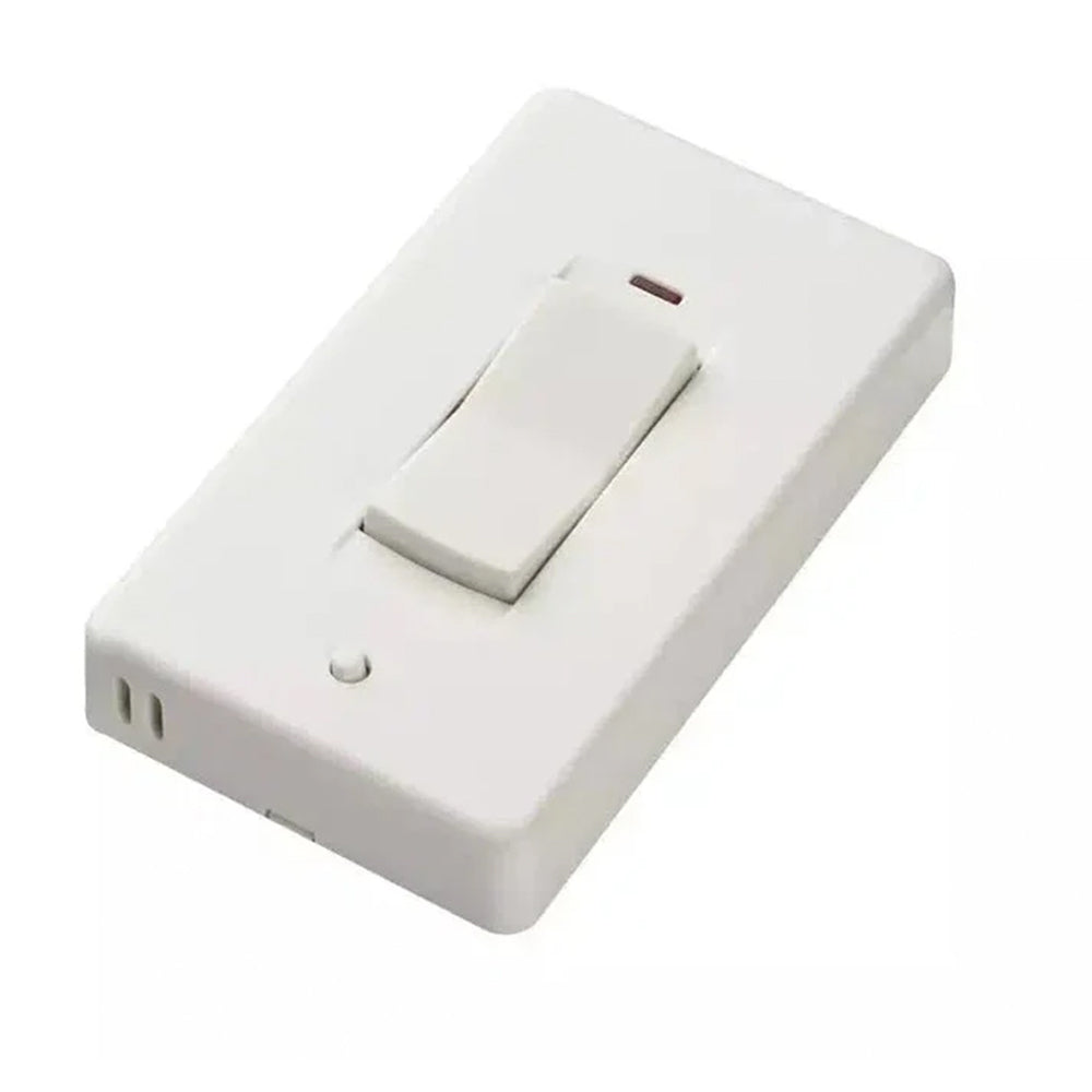 White wireless wall switch with rocker button and small status indicator