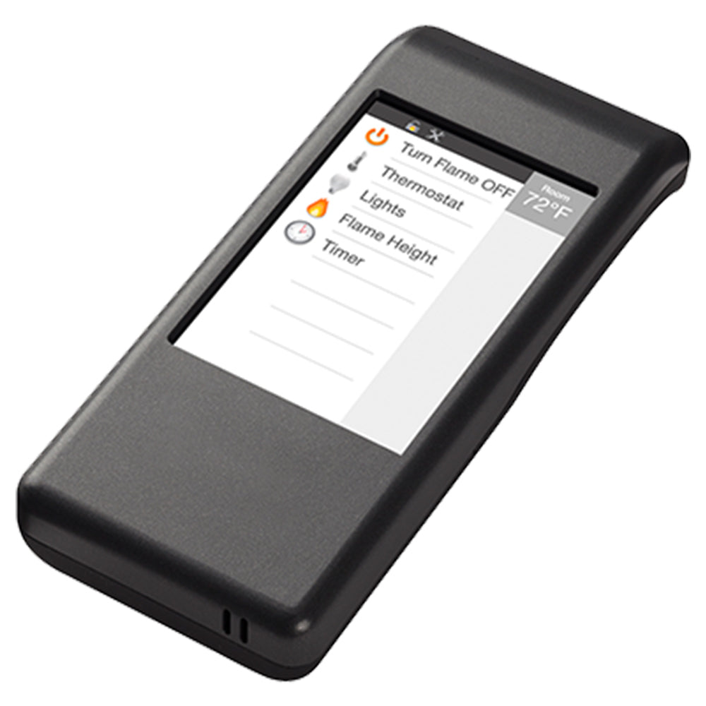 Majestic IntelliFire touch remote control with dark casing and illuminated touchscreen display