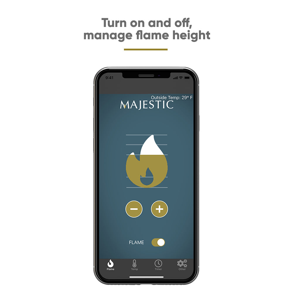 Smartphone screen with flame height control for a fireplace