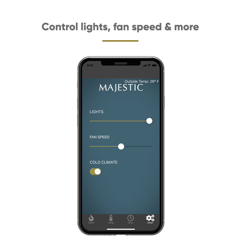 Smartphone screen with lights toggle, fan speed, and climate controls
