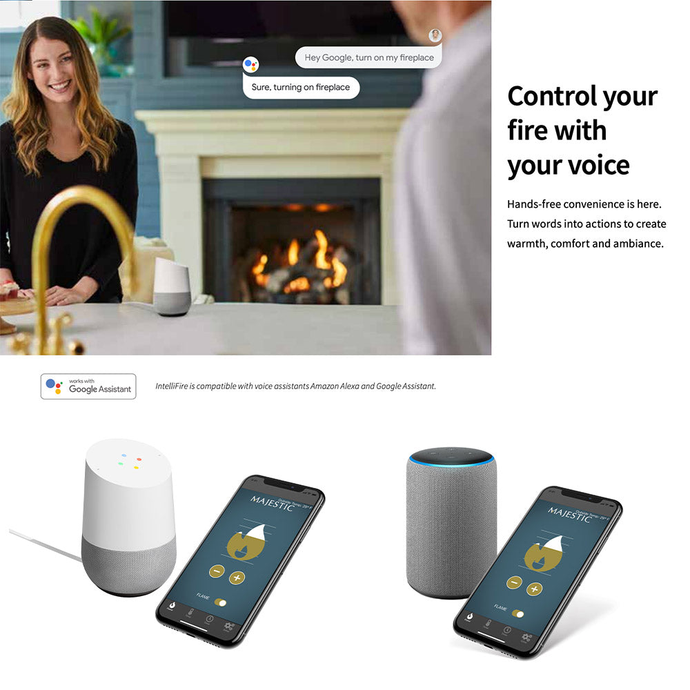 Wi-Fi fireplace control setup with phone app screen, smart speaker, and module