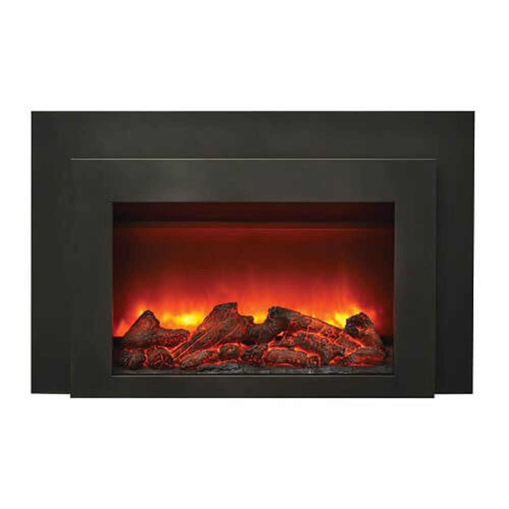 Black steel electric fireplace insert with red glowing flame log set behind glass frame.