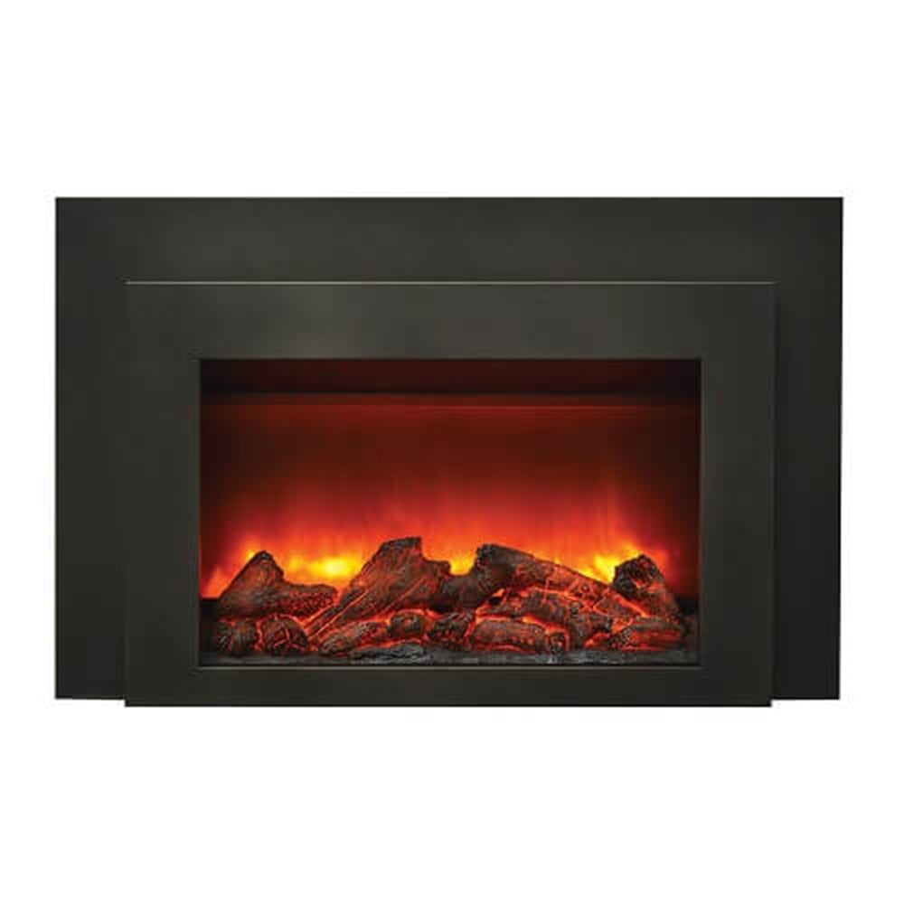 Black steel electric fireplace insert with bright red flame glow and dark log arrangement.
