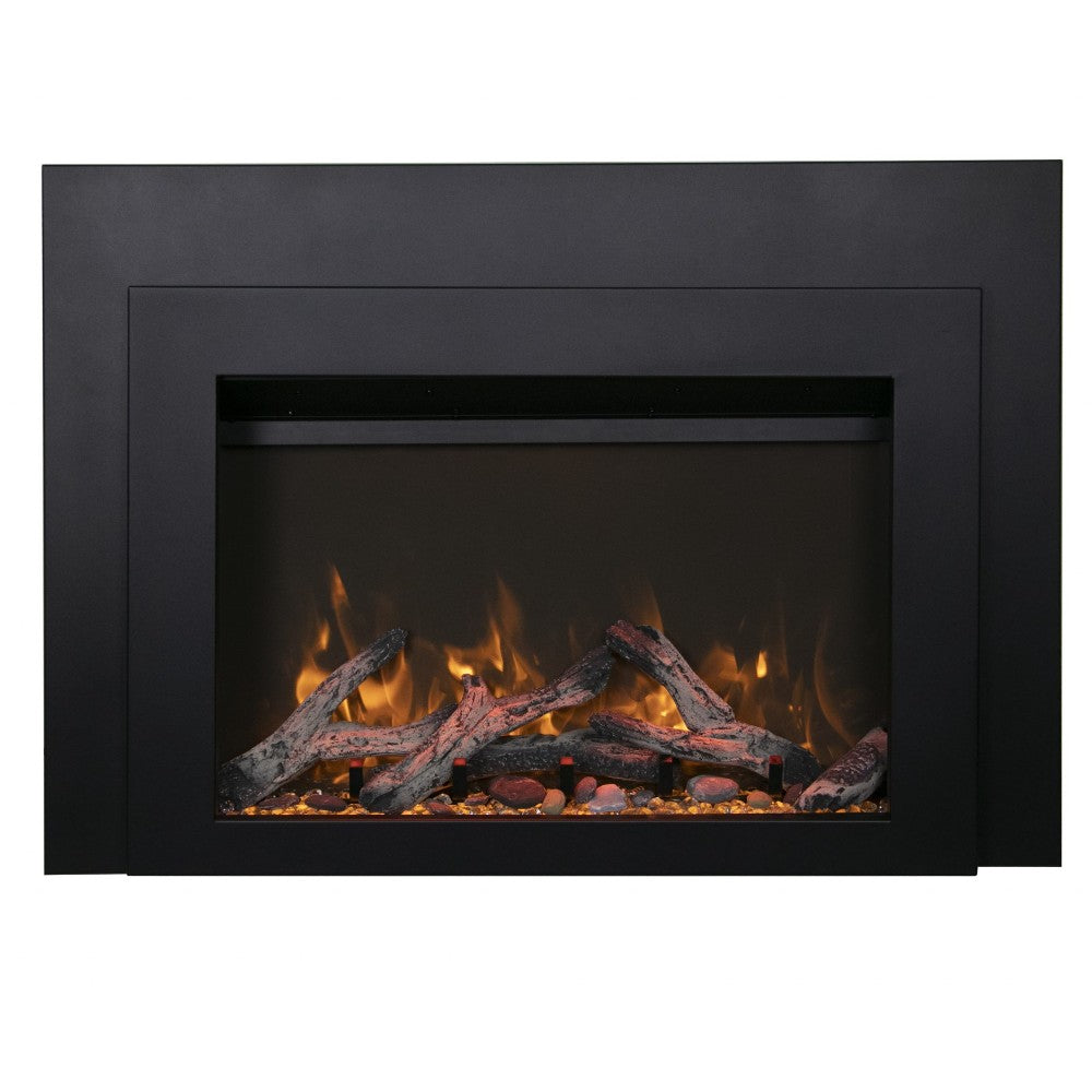 Black steel electric fireplace insert showing orange flames over logs and glowing embers.
