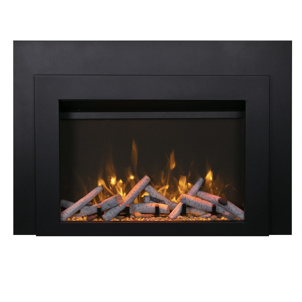 Black steel electric fireplace insert with yellow-orange flame effect over log and ember bed.