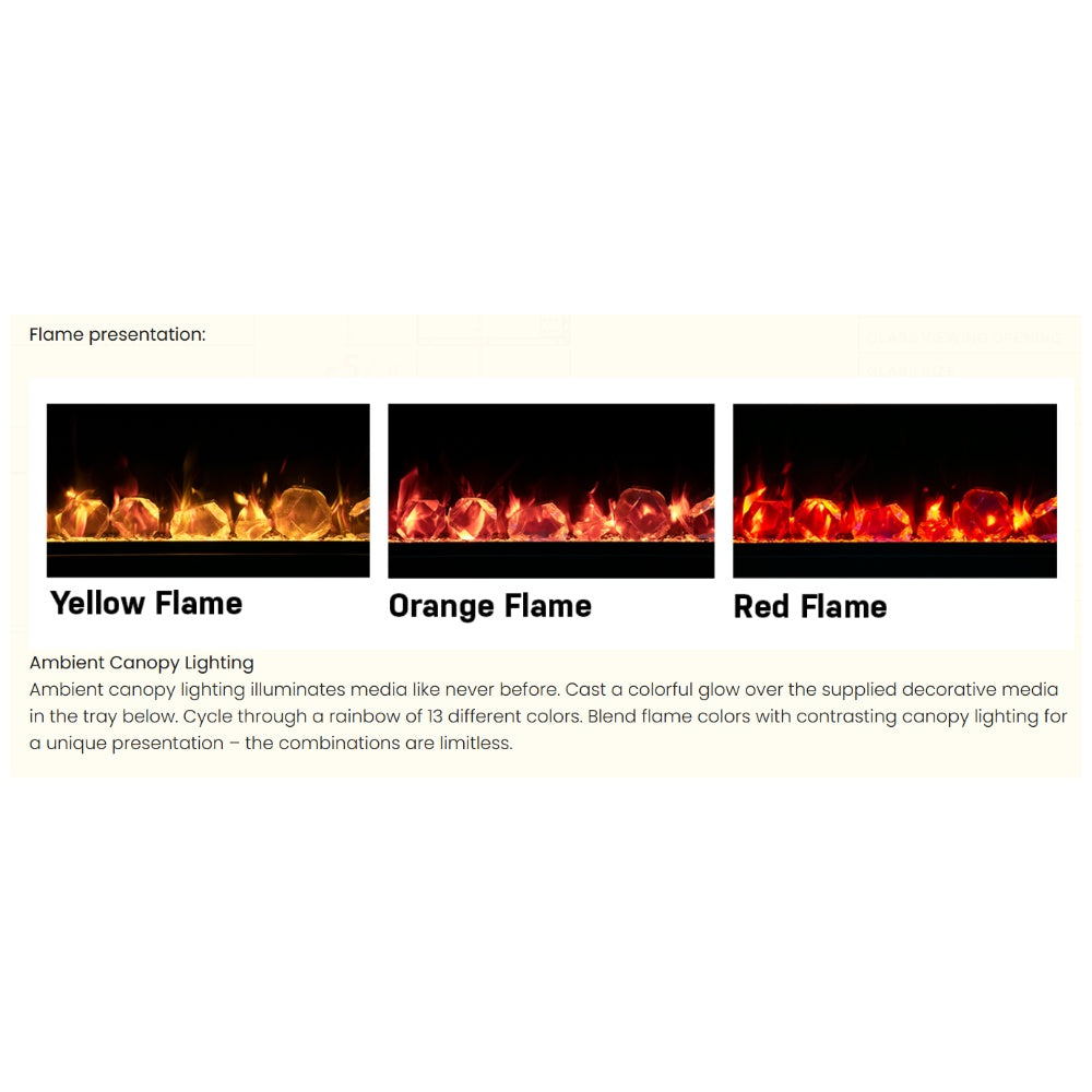 Electric fireplace flame color options graphic: yellow, orange, and red flame modes.