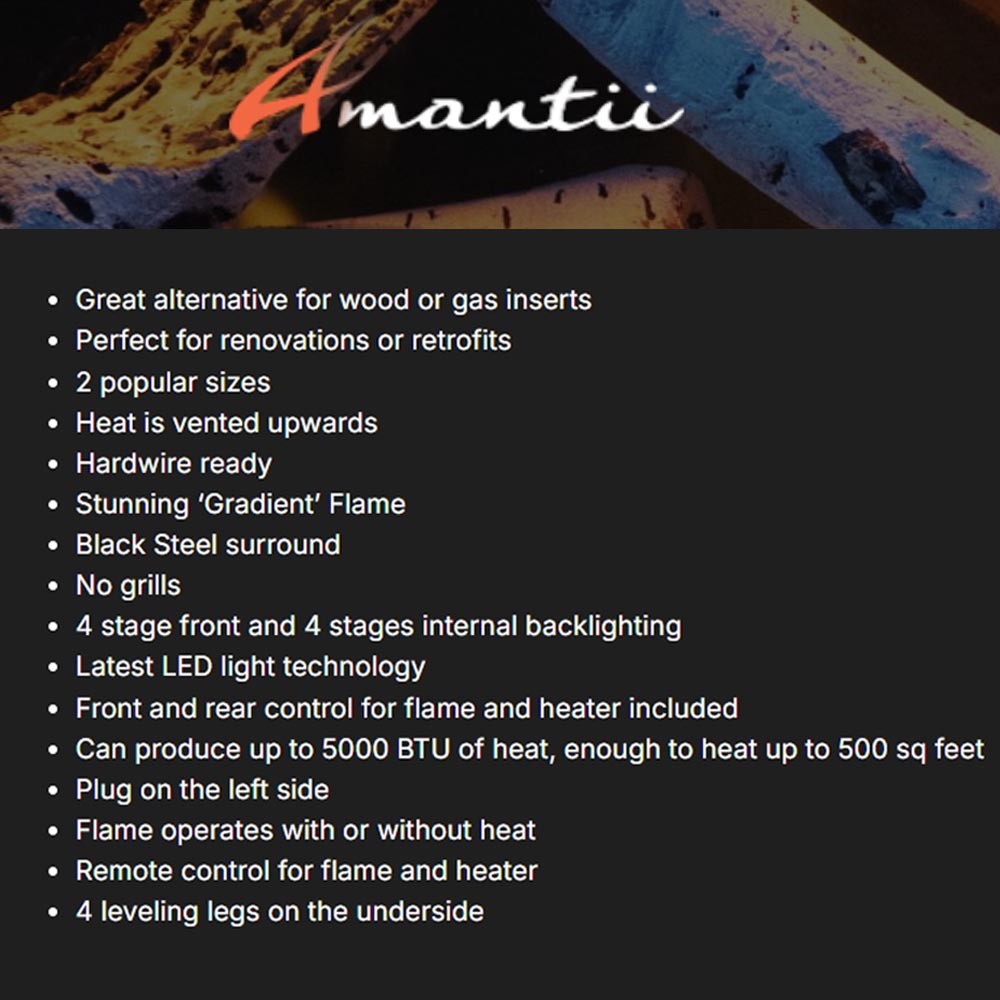 Amantii Lumina electric fireplace specs graphic with flame, steel surround, and control features.