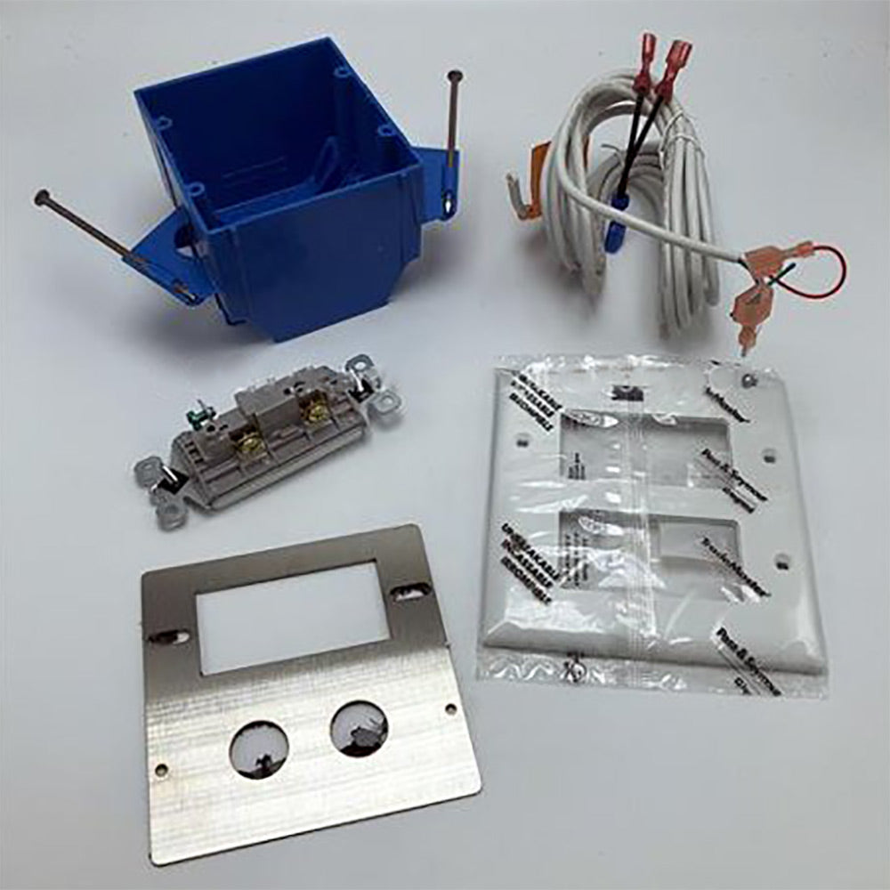 Wall switch extension kit parts: switch module, wiring harness, mounting plate, hardware