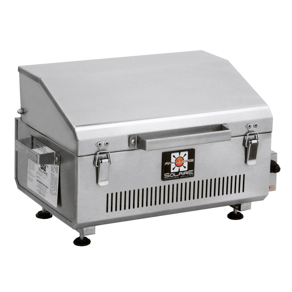 Stainless portable infrared grill with lid, fold-down legs, and front vented panel.