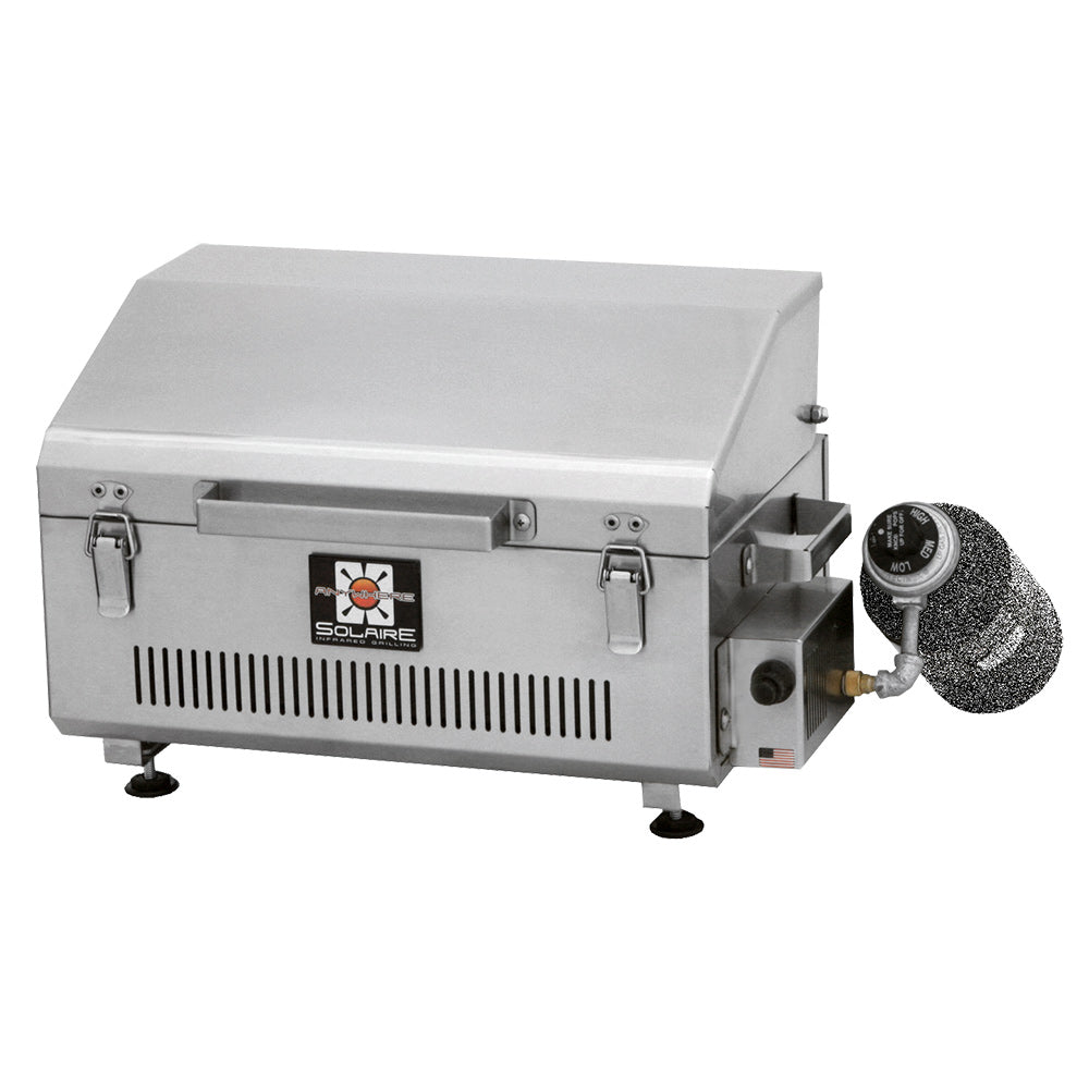 Portable infrared grill with side regulator connection and front vents on base