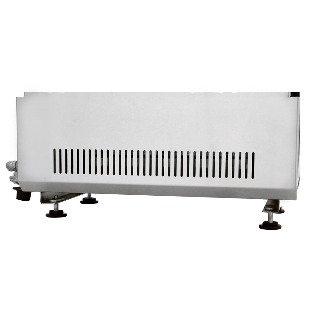 Stainless infrared grill underside with long vent slit and four support feet