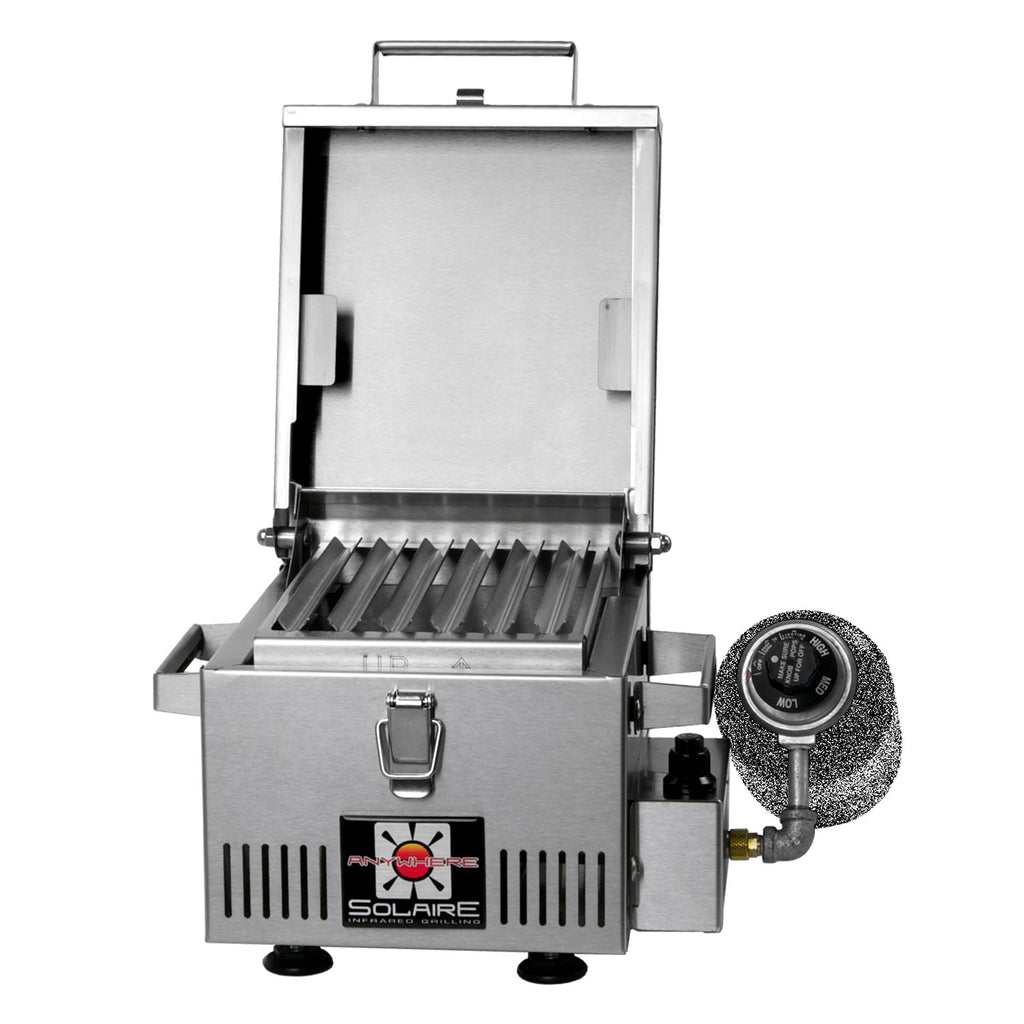 Mini infrared grill with open lid and control knob, stainless steel body and burner bars