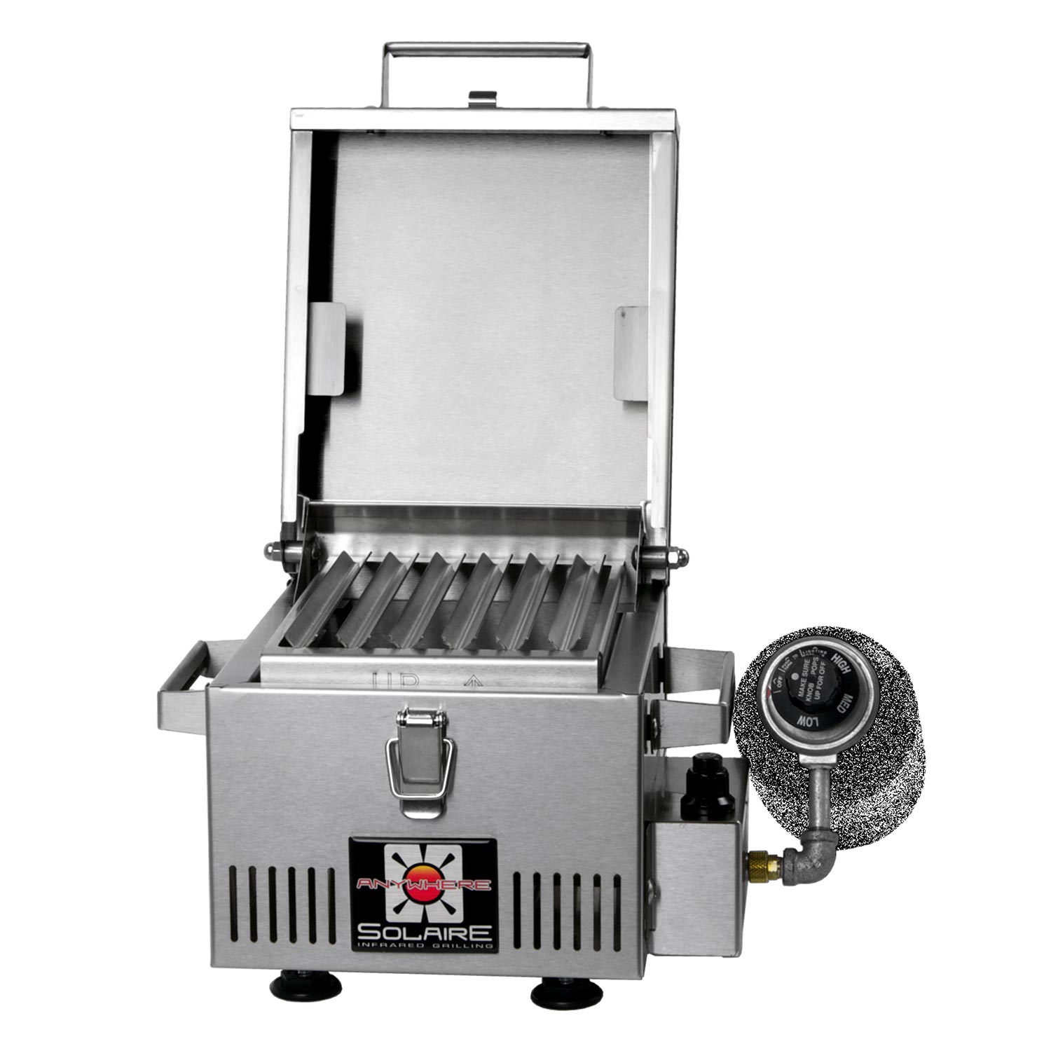 Mini infrared grill with open lid and control knob, stainless steel body and burner bars