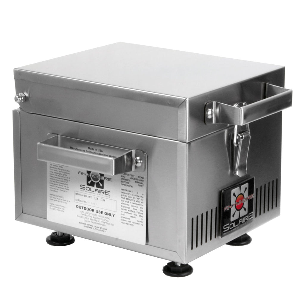 Mini infrared grill side view with warning label panel, stainless steel housing and legs