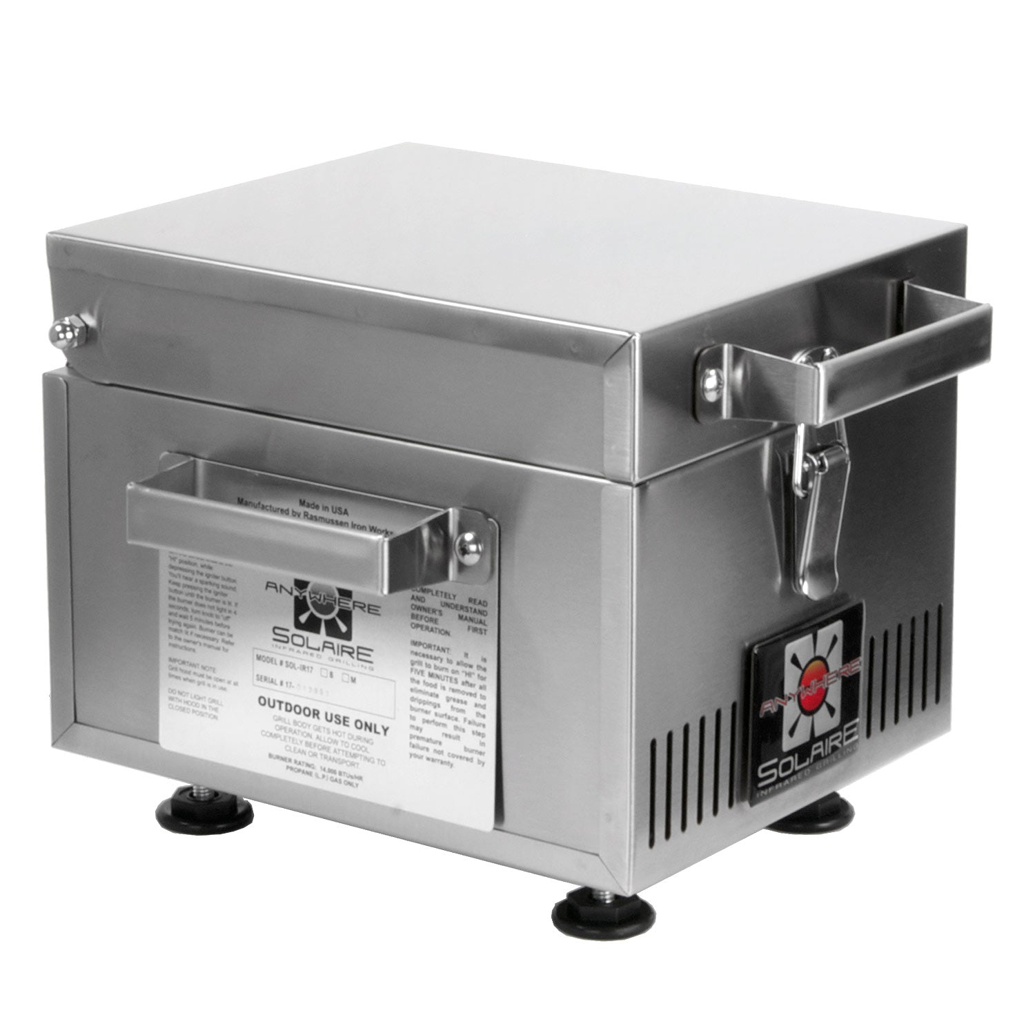 Mini infrared grill side view with warning label panel, stainless steel housing and legs