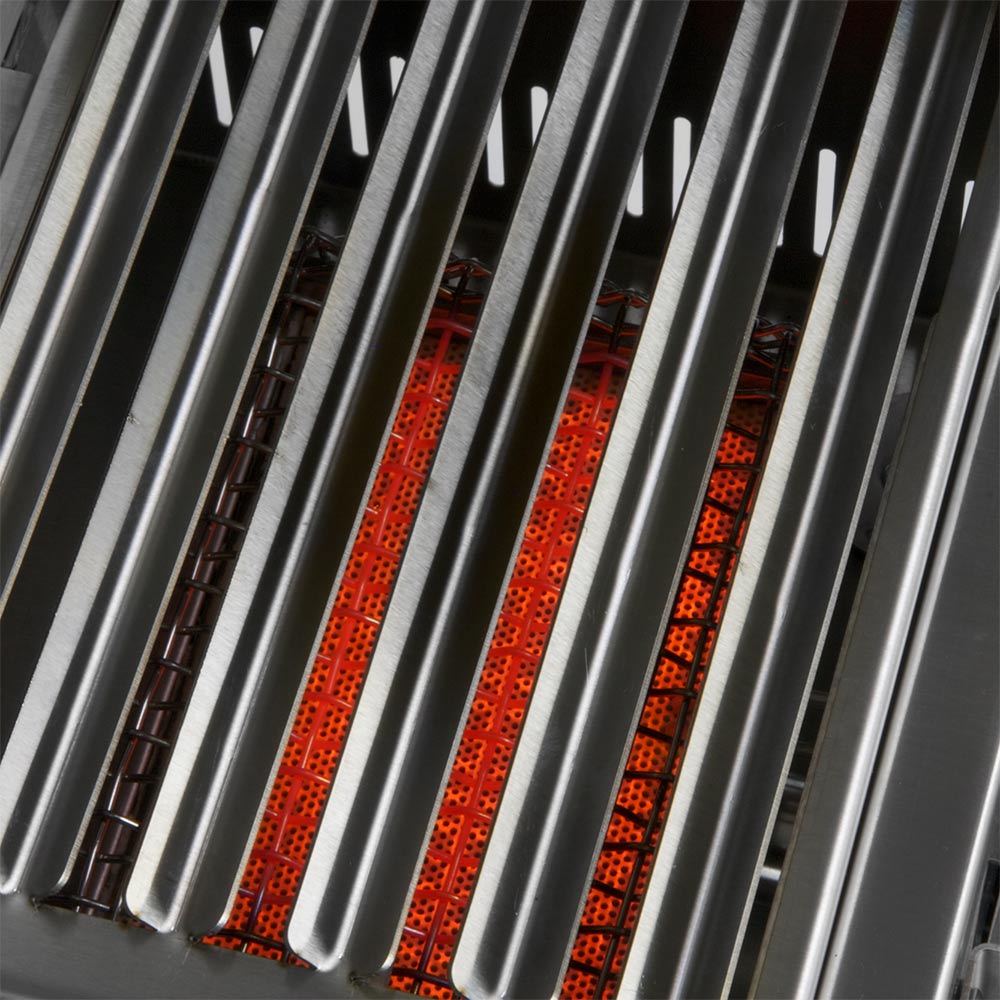 Infrared grill burner bars with orange heating coils visible between metal slats