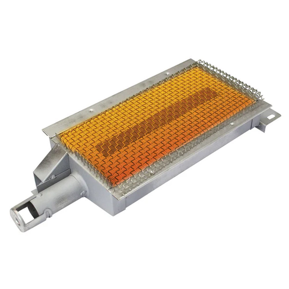 Infrared searing burner with orange ceramic mesh grate and metal frame