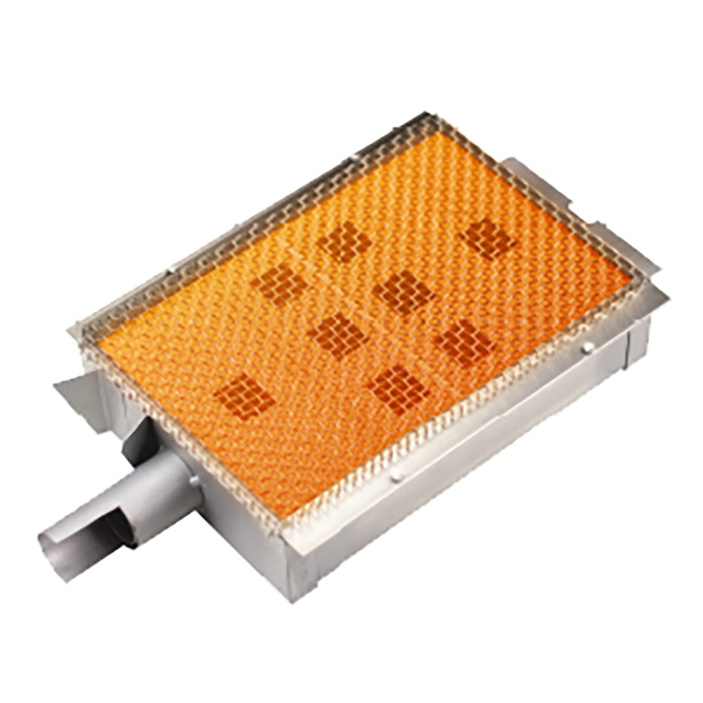 Infrared sear burner with orange glowing ceramic heating panel and metal housing