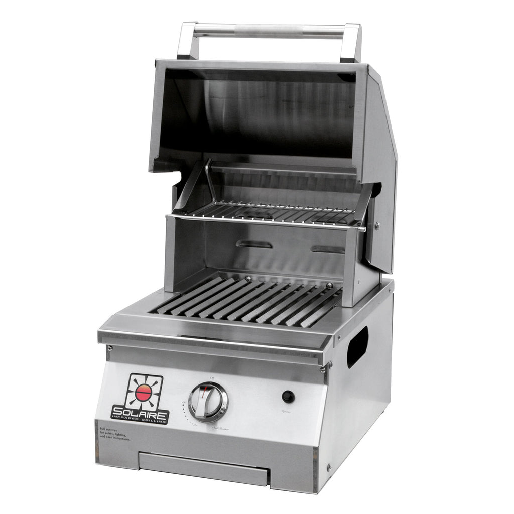 Portable infrared single-burner grill with warming rack, open lid, stainless steel body