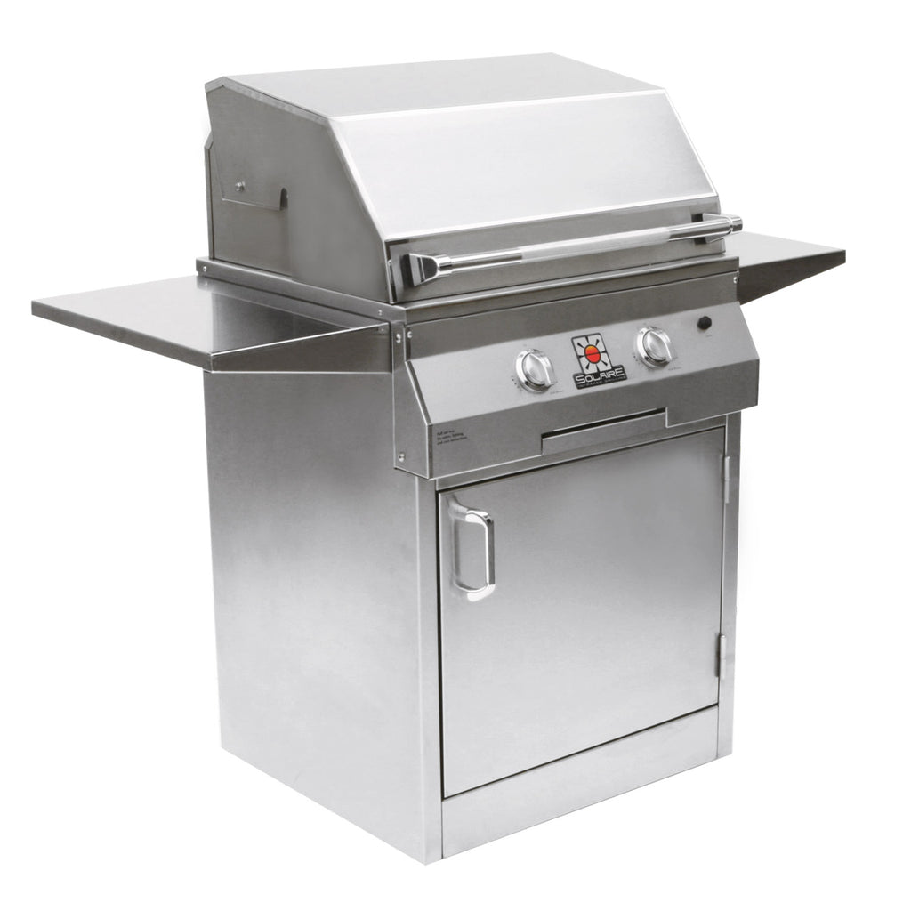 Stainless steel freestanding BBQ grill with side shelves and control knobs