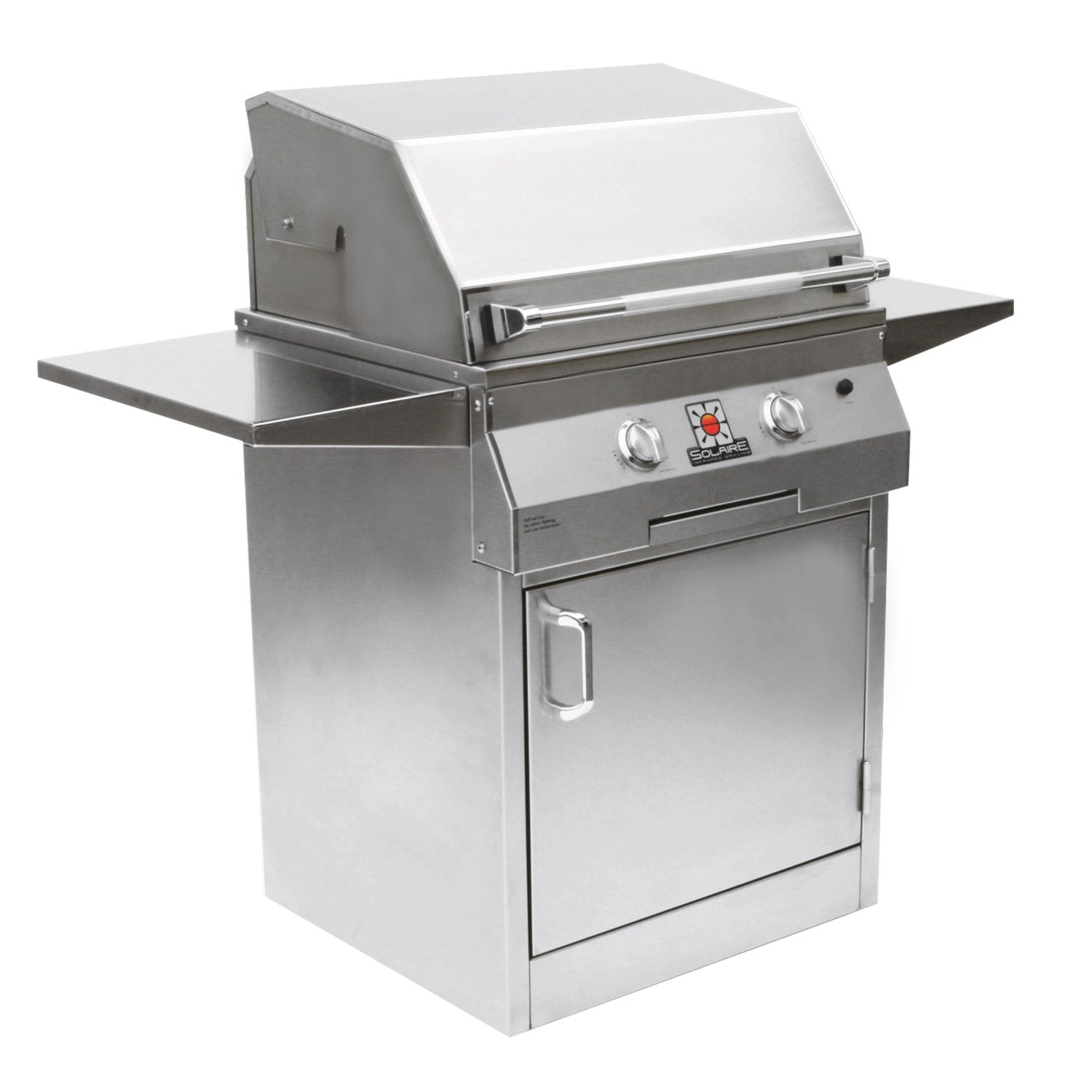 Stainless steel freestanding BBQ grill with side shelves and control knobs