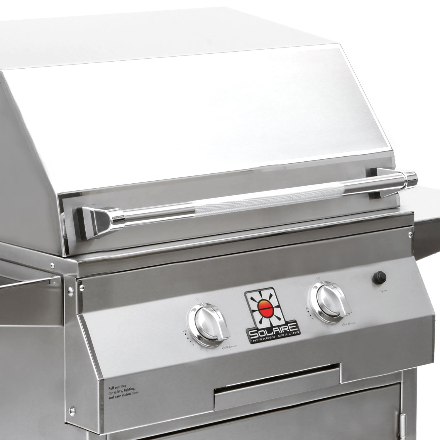 Stainless steel pedestal grill with open lid and front temperature knobs