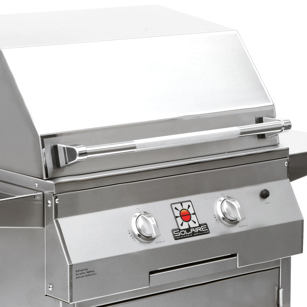 Solaire stainless steel grill with open lid and control knobs on front panel