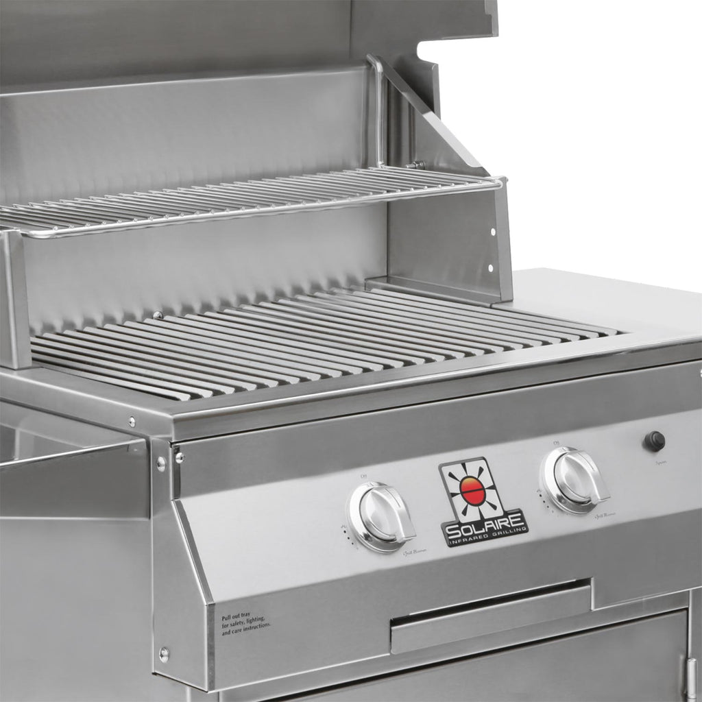 Open grill hood with stacked grates and front control knobs