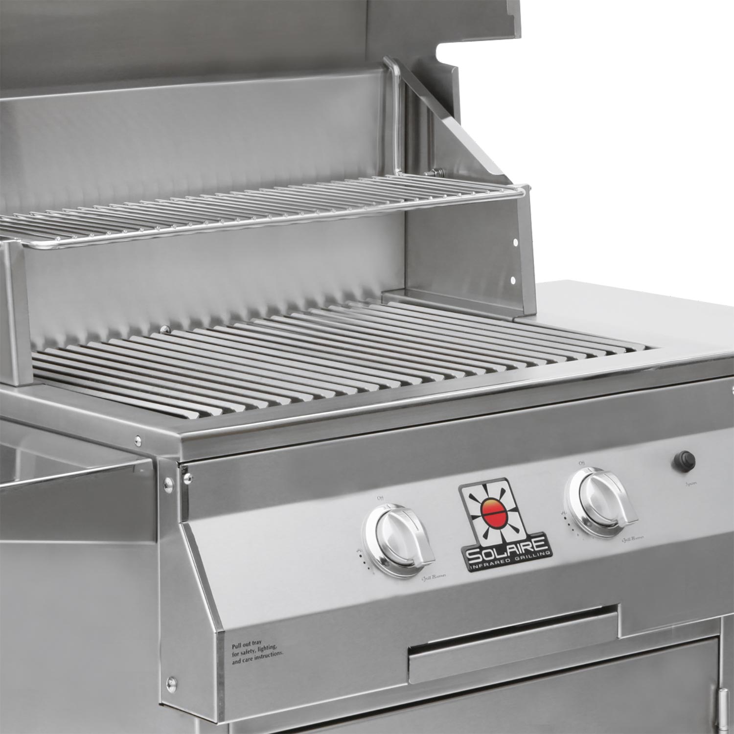 Open grill hood with stacked grates and front control knobs
